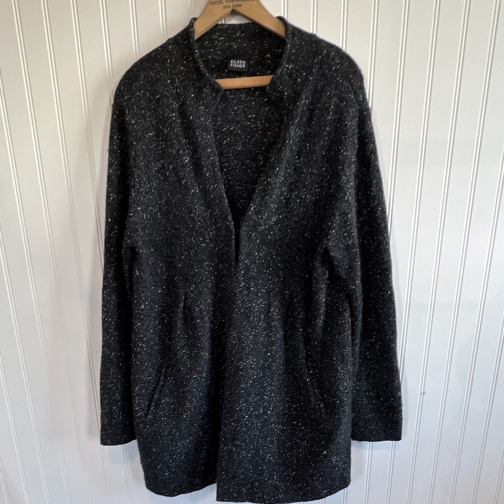 Eileen Fisher Black Speckled Open Front Cardigan Jacket Pockets Relaxed Fit